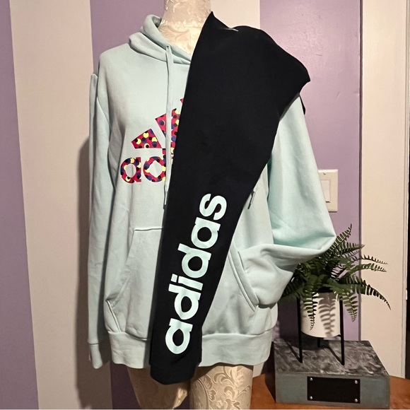 Adidas Baby Blue Mint Sweatshirt Pullover Polka Dot Hoodie Women’s Sz Large - Picture 10 of 10